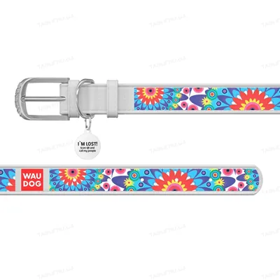 Нашийник для собак Collar WAUDOG Design з QR паспортом, малюнок Квіти, шкіряний, ширина 20 мм довжина 30-39 см, білий