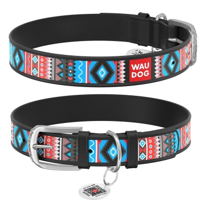 Ошейник для собак Collar WAUDOG Design с QR паспортом, рисунок Этно, кожаный, ширина 25 мм длина 38-49 см, чёрный