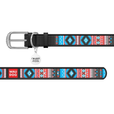 Ошейник для собак Collar WAUDOG Design с QR паспортом, рисунок Этно, кожаный, ширина 25 мм длина 38-49 см, чёрный