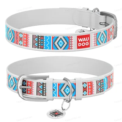 Нашийник для собак Collar WAUDOG Design з QR паспортом, малюнок Етно, шкіряний, ширина 35 мм довжина 46-60 см, білий