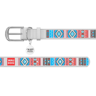 Ошейник для собак Collar WAUDOG Design с QR паспортом, рисунок Этно, кожаный, ширина 35 мм длина 46-60 см, белый