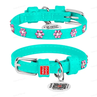 Нашийник для собак Collar WAUDOG Glamour з QR паспортом, з клейовими стразами Квіточка, ширина 9 мм довжина 18-21 см, м'ятний