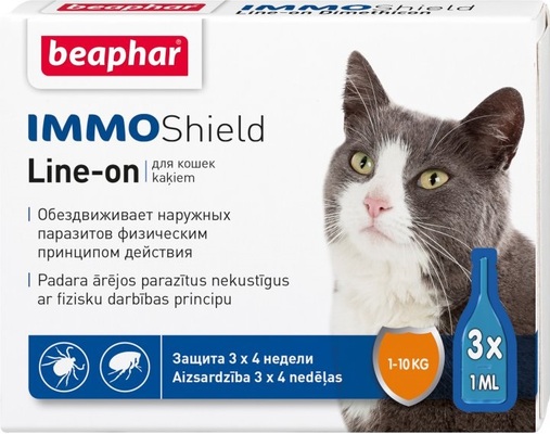 Капли на холку Beaphar IMMO Shield Line-on противопаразитарные с силиконовым маслом для кошек, 3 пипетки