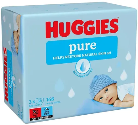 Серветки вологі Huggies Pure дитячі, для новонароджених, 168 шт (3 x 56 шт)