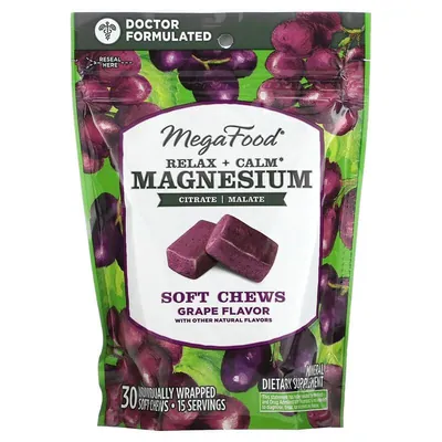 Магній MegaFood Relax + Calm Magnesium смак винограду, 30 жувальних цукерок