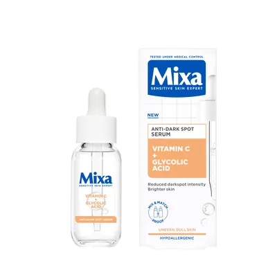 Сироватка для обличчя Mixa Anti-Dark Spot з вітаміном С та гліколевою кислотою для сяяння тьмяної чутливої шкіри, 30 мл