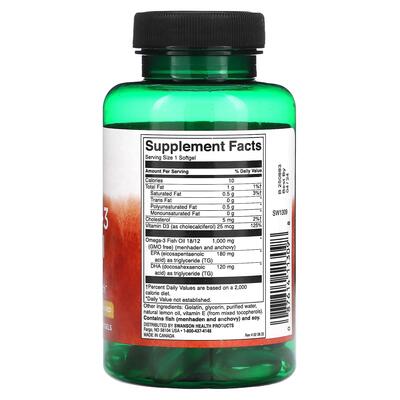 Рыбий жир из омега-3 Swanson Omega-3 Fish Oil 1000 мг + D3 25 мкг вкус лимона, 60 гелевых капсул