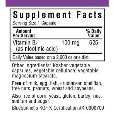 Нiaцин (В3) Bluebonnet Nutrition Niacin 100 мг вег. капсули №90