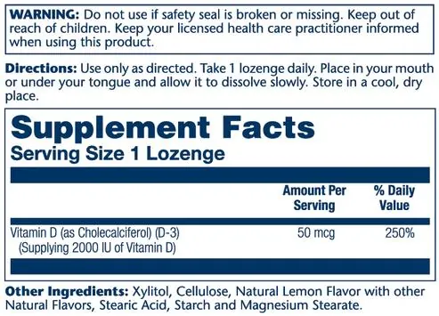 Вітамін D3 Solaray Vitamin D3 2000 Lozenge лимон, 60 льодяників