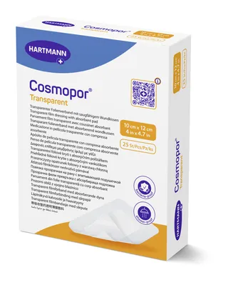 Пов’язка пластирна Cosmopor Transparent плівкова прозора з абсорбуючою подушечкою 10 см х 12 см, 25 штук