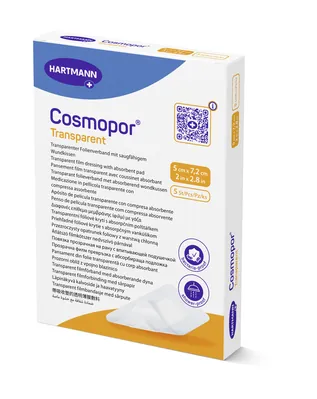 Пов’язка пластирна Cosmopor Transparent плівкова прозора з абсорбуючою подушечкою 5 см х 7,2 см, 5 штук