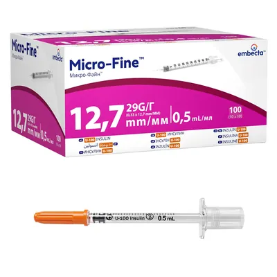 Шприц інсуліновий 0,5 мл U-100 Embecta Micro-Fine 29G (0,33 x 12.7 мм), 1 штука