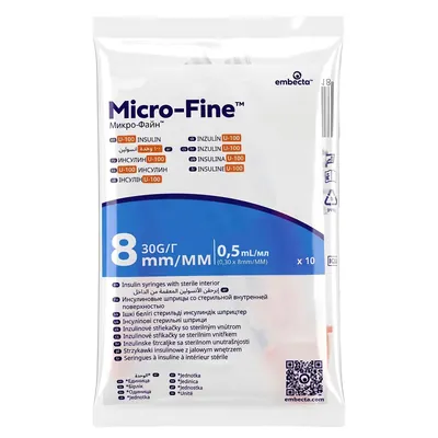 Шприц інсуліновий 0,5 мл U-100 Embecta Micro-Fine 30G (0,3 x 8.0 мм), 1 штука