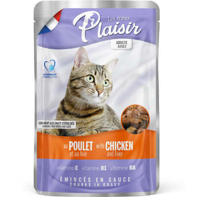 Корм влажный Plaisir Adult Sterilized Cat с курицей и печенью для взрослых стерилизованных кошек (кусочки в соусе), 100 г