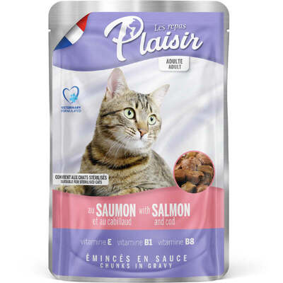 Корм влажный Plaisir Adult Sterilized Cat с лососем и треской для взрослых стерилизованных кошек (кусочки в соусе), 100 г