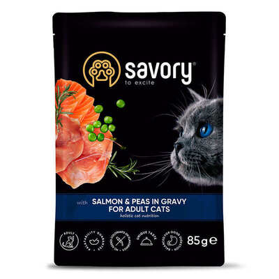 Корм влажный Savory для взрослых кошек лосось с горохом в соусе, 85 г