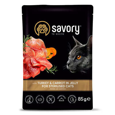 Корм вологий Savory для стерилізованих котів індичка з морквою в желе, 85 г