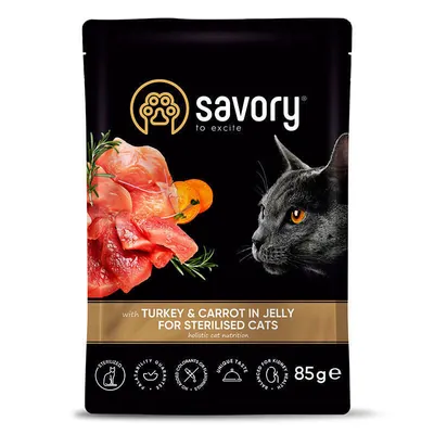 Корм вологий Savory для стерилізованих котів індичка з морквою в желе, 85 г