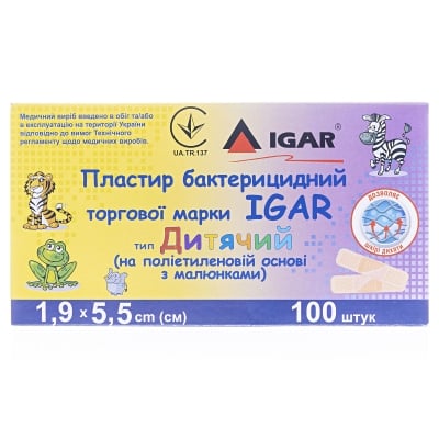 Пластырь бактерицидный IGAR тип Детский на полимерной основе (полиэтилен) с рисунками 1,9 см х 5,5 см, 100 штук