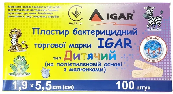Пластир бактерицидний IGAR Дитячий на полімерній основі (поліетилен) з малюнками 1,9 см х 5,5 см, 100 штук