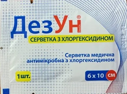 Серветка антимікробна ДезУн з хлоргексидином 6 см х 10 см, 1 штука