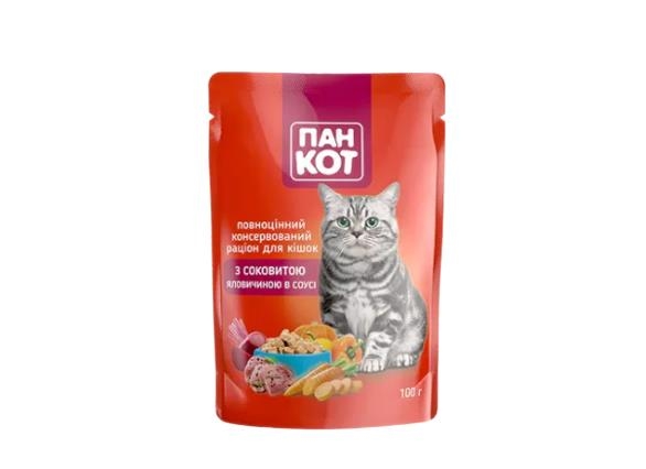 Корм влажный Пан Кот для кошек с говядиной в соусе, пауч, 100 г