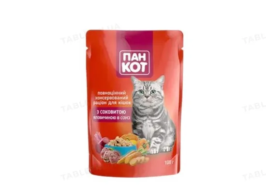 Корм вологий Пан Кот для котів з яловичиною у соусі, пауч, 100 г