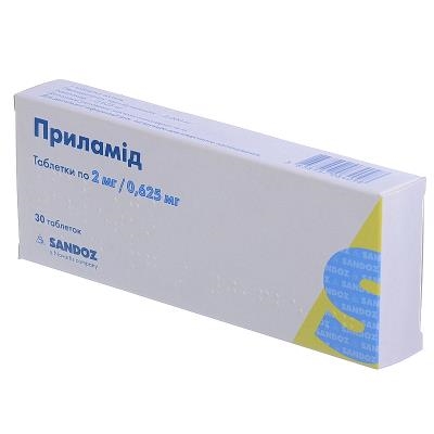 Приламид таблетки по 2 мг/0.625 мг №30 (10х3)
