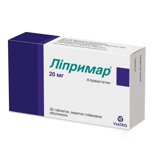 Ліпримар таблетки, в/плів. обол. по 20 мг №30 (10х3)