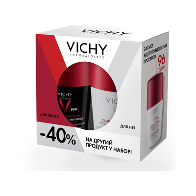Набір антиперспірантів кулькових Vichy 2025 Clinical Control 96 годин захисту (чоловічий 50 мл + жіночий 50 мл) -40% на другий продукт у наборі