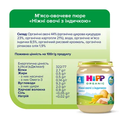 Пюре м’ясо-овочеве HiPP Organic Ніжні овочі з індичкою з 4 місяців,125 г