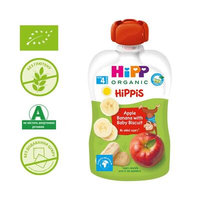 Пюре фруктовое HiPP Hippis Яблоко-Банан c детским печеньем с 4 месяцев, 100 г