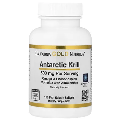 Олія криля California Gold Nutrition Antarctic Krill 500 мг смак полуниці та лимона, 120 капсул із риб'ячого желатину