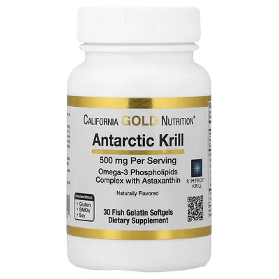 Олія криля California Gold Nutrition Antarctic Krill 500 мг смак полуниці та лимона, 30 капсул із риб'ячого желатину