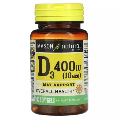 Вітамін D3 Mason Natural Vitamin D3 400 МО, 100 гелевих капсул
