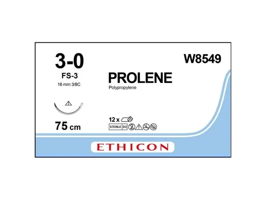 Шовний матеріал хірургічний Prolene р. USP 3/0, нерозсмоктуючий довжина 75 см, ріжуча голка 16 мм, 3/8 кола W8549