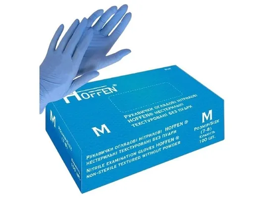 Рукавички оглядові Hoffen нітрилові без пудри нестерильні, розмір M, блакитні, 100 штук