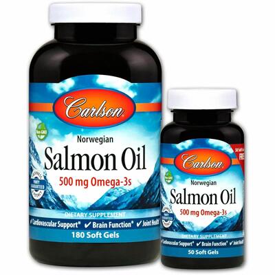 Жир Лосося Carlson Labs Norwegian Salmon Oil Норвежская серия 500 мг, 180 + 50 капсул