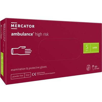 Рукавички оглядові Mercator Ambulance High Risk латексні непудровані, розмір S, нестерильні сині, 50 штук