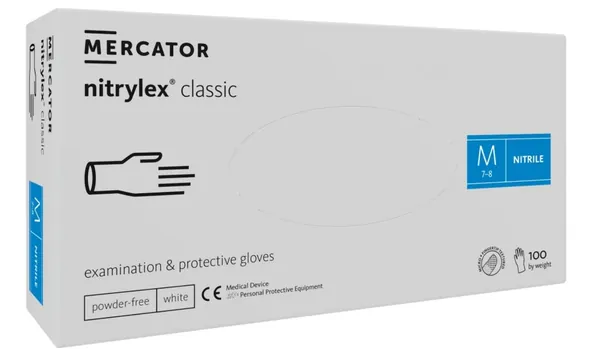 Рукавички оглядові Mercator Nitrylex Classic White нітрилові непудровані, розмір M, нестерильні, білі, 100 штук