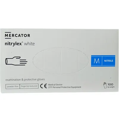 Рукавички оглядові Mercator Nitrylex Classic White нітрилові непудровані, розмір M, нестерильні, білі, 100 штук