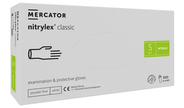 Рукавички оглядові Mercator Nitrylex Classic White нітрилові непудровані, розмір S, нестерильні, білі, 100 штук