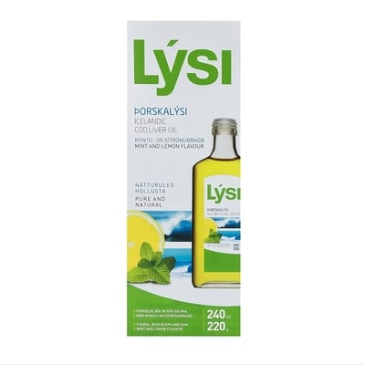 Омега-3 риб'ячий жир LYSI з печінки тріски з вітамінами А, D, Е зі смаком лимона та м'яти, рідка форма по 240 мл у скляній пляшці
