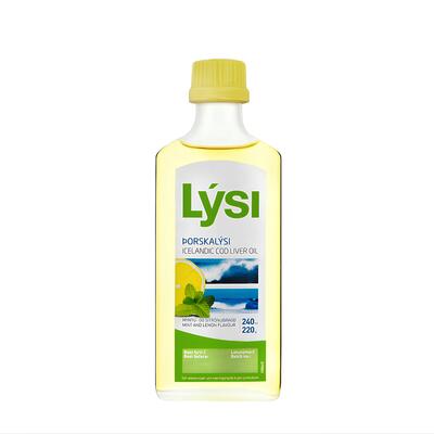 Омега-3 риб'ячий жир LYSI з печінки тріски з вітамінами А, D, Е зі смаком лимона та м'яти, рідка форма по 240 мл у скляній пляшці