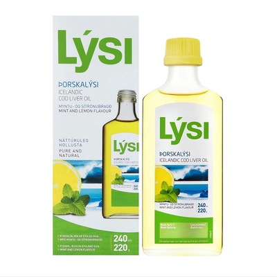 Омега-3 риб'ячий жир LYSI з печінки тріски з вітамінами А, D, Е зі смаком лимона та м'яти, рідка форма по 240 мл у скляній пляшці