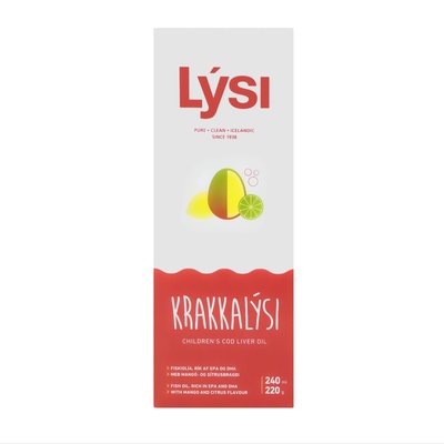 Омега-3 риб'ячий жир LYSI KIDS для дітей з вітамінами А, D, Е зі смаком манго, лимона та лайма, рідка форма по 240 мл у скляній пляшці