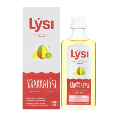 Омега-3 рыбий жир LYSI KIDS для детей с витаминами А, D, Е со вкусом манго, лимона и лайма, жидкая форма по 240 мл в стеклянной бутылке