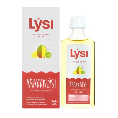 Омега-3 риб'ячий жир LYSI KIDS для дітей з вітамінами А, D, Е зі смаком манго, лимона та лайма, рідка форма по 240 мл у скляній пляшці
