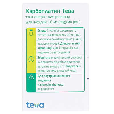 Карбоплатин-Тева концентрат для р-ра д/инф. 10 мг/мл по 45 мл №1 во флак.