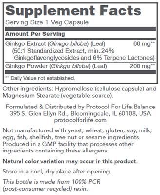 Гинкго Билоба Protocol for Life Balance Ginkgo Biloba 60 мг, 60 веганских капсул